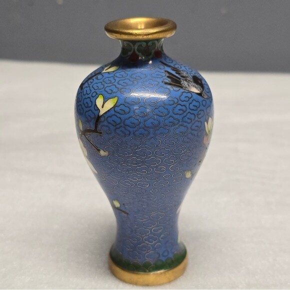 Cloisonne Cherry Blossom Flowers With Bird Blue Vintage Chinese Mini Vase - Picture 9 of 10